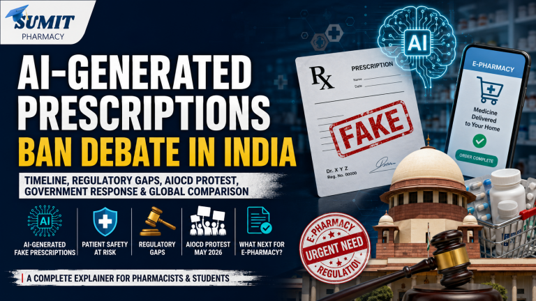 Featured illustration explaining the AI-generated prescriptions ban debate in India, covering e-pharmacy regulation, fake prescriptions, AIOCD protest, and CDSCO regulatory review.